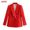 Tangada Women Fashion Office Wear Blazer doppiopetto in tweed rosso Cappotto Tasche a maniche lunghe vintage Capispalla femminile BE930 211122