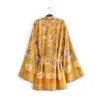 Kvinnor Bohemian Yellow V Neck Flower Print Kimono Shirt Holiday Beach Bow Sashes Mid Long Cardigan Blus Tops 210719