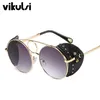 Sonnenbrille Mode Vintage SteamPunk Sonnenbrille Frauen Niet Kreis Leder Seitenschild Marke Design Sonnenbrille Männer