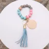 Wristlet Keychain Key Ring Armband Silikon Beaded Wrist Cully Keychains För Kvinnor Bangle Elastic Portable Car KeyRings Kedjor Tjejer med Faux Läder Tassel Keys