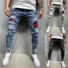 Męskie pikowane haftowane dżinsy Skinny Ripped Grid Casual Slim Stretch Denim Spodnie Patchwork Spodnie jogging S-3XL 211108