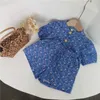 Estilo coreano verão crianças meninas 2-pcs conjuntos azul rosa floral sleevers camisas + shorts cute crianças roupas E032 210610