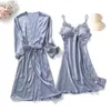 Women's Sleepwear Yellow Robes Suit Autumn Women Nightgown Sets 2 Pieces Nightdress Bathrobe With Chest Pad Female Satin Kimono Bath Gown Sl