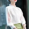 Yellow Lace Chiffon Shirt Women High-End Long Sleeve Stand Collar Satin Hollow Design Blouses Office Ladies Formal Work Tops 210604