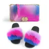 2021 Rainbow Color Bounder Designer Hands Sacs Raccoon Real Fox Slides Handbag sets et sac à main assorti avec des plissages avec des pantoufles3349109