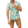 メンズクラシックオイルプリントリーフスカイブルーターンダウンカラー半袖ハワイアンシャツ男性ビーチウェアトップ210527