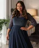 2021 Navy Beaded Plus Size Prom Dresses Bateau Neck A Line Long Sleeves Evening Gowns Floor Length Chiffon Formal Dress