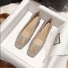 Dress Bridal Beige Women Chunky Sequined Buckle Middle Heel Cm Soft Leather Shallow Mouth Slip on Quare Toe Lady Party