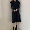 ストレッチフレアカクテルパーティードレスプリーツ女子秋冬のハイウエストフリルニット女性韓国服210529