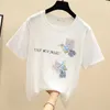 Yaz Tshirt Kadın Giysileri Kore Beyaz Vintage Tops Kadın T Gömlek Pembe Boncuk Elmas Tee Gömlek Kısa Kollu Moda 210604