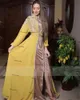 Marockansk Caftan Arabia Evening Dress Yellow Satin Gold Broderi Algerian Dubai Mermaid Prom Formal Dresses Långärmad 2021