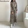 Nomikuma 스탠드 칼라 보우 매듭 레이스 우아한 드레스 여성 슬림 허리 긴 소매 인쇄 맥시 드레스 Vestidos Mujer 3C618 210306