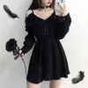 Gothic Bandage Black Sexy Dresses for Women High Waist Femme Dresses Off Shoulder Long Sleeve Clothes Spring 210525