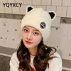 YQYXCY Women's Hat Winter Beanie Velvet Thick Warm Cartoon Cat Ear Protection Knitted Cap Hats For Girl Bonnet Femme 211228