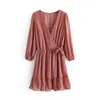 Zomer vrouwen ruches kant chiffon jurk boho mini strand jurk driekwart mouw dames feestjurken vestido 210715