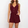 women solid slim playsuits sexy v neck sleeveless button sashes pocket cotton playsuit femme rompers pink black short jumpsuit r4zp