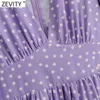 Zevity Women Sweet Pleats Ruffles Polka Dots Print Slim Dress Female Chic V Neck Puff Sleeve Casual Kimono Mini Vestido DS8169 210603