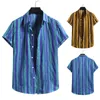 Erkek T-Shirt Yaz Kısa Kollu 2021 Moda Pamuk Keten Şerit Baskı Düğme Gömlek Bluz Erkek Plaj