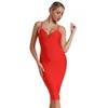 Ocstrade Moda MIDI Bandaj Elbise Rayon Spagetti Kayışı Seksi Derin V Boyun Kırmızı Bodycon Gece Kulübü Parti 210527