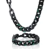 European and American street hip-hop trend stainless steel black color Cuban bracelet necklace men's paint iced out green stones chain set factory wholesale