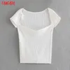 Tangada Donna T-shirt elastica bianca Manica corta Collo quadrato T-shirt da donna Casual T-shirt Street Wear Top AB03 210609