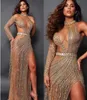 Frauen Stoff Abendkleid Yousef Aljasmi eine Schulter geteilte Perlen Quasten Kristall Langarm Labourjoisie Kim Kardashian Kylie Jenner