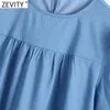 Zevity Women Vintage O Neck Solid Pleats Denim Casual Kimono Dress Female Chic Puff Sleeve Retro Straight Vestido DS5067 210603