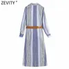 Zevity Womenビンテージコントラストストライプ印刷シングルブレストシャツドレスオフィスレディシックサイドスプリットサッシvestido DS8207 210603