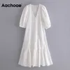 Aachoe Chic Floral Stickerei Midi Kleid Frauen v Ausschnitt Hauch Ärmel Süße Kleider Damen Elegant Eine Linie Weißes Baumwollkleid 210608
