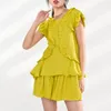DEAT SUMMER KOREAS Stil Cotton Short Petal Sleeve O Neck Ruffles T Shirt Yellow Drawstring Shorts Women MF425 210302