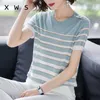 short sleeve pullovers Women knit sweaters striped basic Ladies sweaters loose thin tricot summer Korean Knit jumper Tops 210604