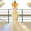 Afrikanska Spaghetti Rem Mermaid Bröllopsklänningar Beaded Broderi Lace Bröllopsklänningar Sweep Train Organza Bridal Gown Formell Robes de Mariée