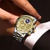 Armbandsur 2021 Lige Mens klockor Rostfritt stål Toppmärke ihåliga Desgin Luxury Waterproof Watch Male Chronograph Quartz Hour R276U