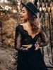 Gothic Black A Line Wedding Dresses With Long Sleeves Western Country Sexy Deep V Neck Open Back Bridal Gowns Lace Court Train Vintage Second Reception Dress AL9450