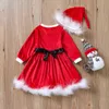 Noël 2021 2 pièces nouveau bébé fille robe + chapeau à manches longues col rond ceinture décoration peluche moelleux vêtements rouge 1-6 ans G1026