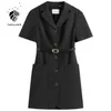 FANSILANEN Office Lady Suit Short Sleeve Dress Women Summer Style Black Yellow High Waist Slim Skirt Clothes 210607