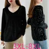 New ladies autumn winter plus size tops for women large long sleeve loose V neck sequin black T-shirt 3XL 4XL 5XL 6XL 7XL 8XL X0628