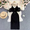 Neploe Light Luxury Ladies Ceremonial Robe V-neck Hollow Put Off- Shoulder Slip Dress Women Short Puff Sleeve Slim Waist Vestido Y0823