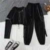 Fatos femininos blazers mulheres harajuku carga calças conjuntos corredores calças de duas peças terno punk com corrente emo egirl roupas pretas estética