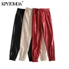 KPYTOMOA Women Fashion Side Pockets Faux Leather Jogging Pants Vintage High Elastic Waist Drawstring Female Ankle Trousers Mujer 211118