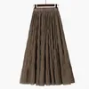 Plus Storlek Svart Long Kjol Kvinnor Sträcka Hög midja Solid Chiffon A-Line Casual Pleated Midi Faldas Saias Streetwear 210629