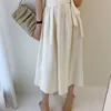 エレガントな夏のドレスのための女性Oネックレースアップハイウエストの診療士女性服シックな韓国の白いソリッドドレス210603