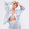 Hean Solid Loose Female Pajamas Satin Turndown Collar Z Długim Rękawem Kieszonkowy 2-częściowy Zestaw Spodnie Homewear Silk Women Sleepwear Suits 210830