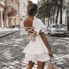 Lace-up Bandage Holle Back Sexy Party Jurk Damesmode Zomer O Hals Bowtie Puff Sleeve Tweelaagse Mini Baljurk 210603