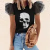 Skull Print Svart T-shirt Kvinnor Casual Patchwork Design O-Neck See Through Lace Mesh Puff Sleeve Sommar Pullover Tee Toppar Kvinna 210526