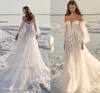 Koronkowa suknia ślubna 2021 Off Ramię Plaża Prosty Z Długim Rękawem Custom Made Floor Długość White Tulle Suknie Ślubne Sweep Pociąg