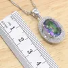 Geometrische regenboog semi-kostbare zilveren kleur sieraden sets voor vrouwen cadeau oorbellen ketting hanger ring H1022