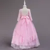 2022 Röd Lace Unik Tulle Flower Gilr Klänningar För Bröllop Långärmad Princess Lager Bow Fall Winter Communion Party Formella Dress Kids