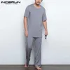 男性セット2021ゆるいソリッドカラーOネック半袖カジュアルTシャツ弾性ウエストパンツ快適なヴィンテージ男性スーツ5XL Incerun X0610