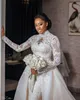 Plus Size Arabic Aso Ebi Wedding Dresses with Detachable Train Luxury Lace Applique High Neck Muslim Royal Mermaid Wedding Bridal Gown